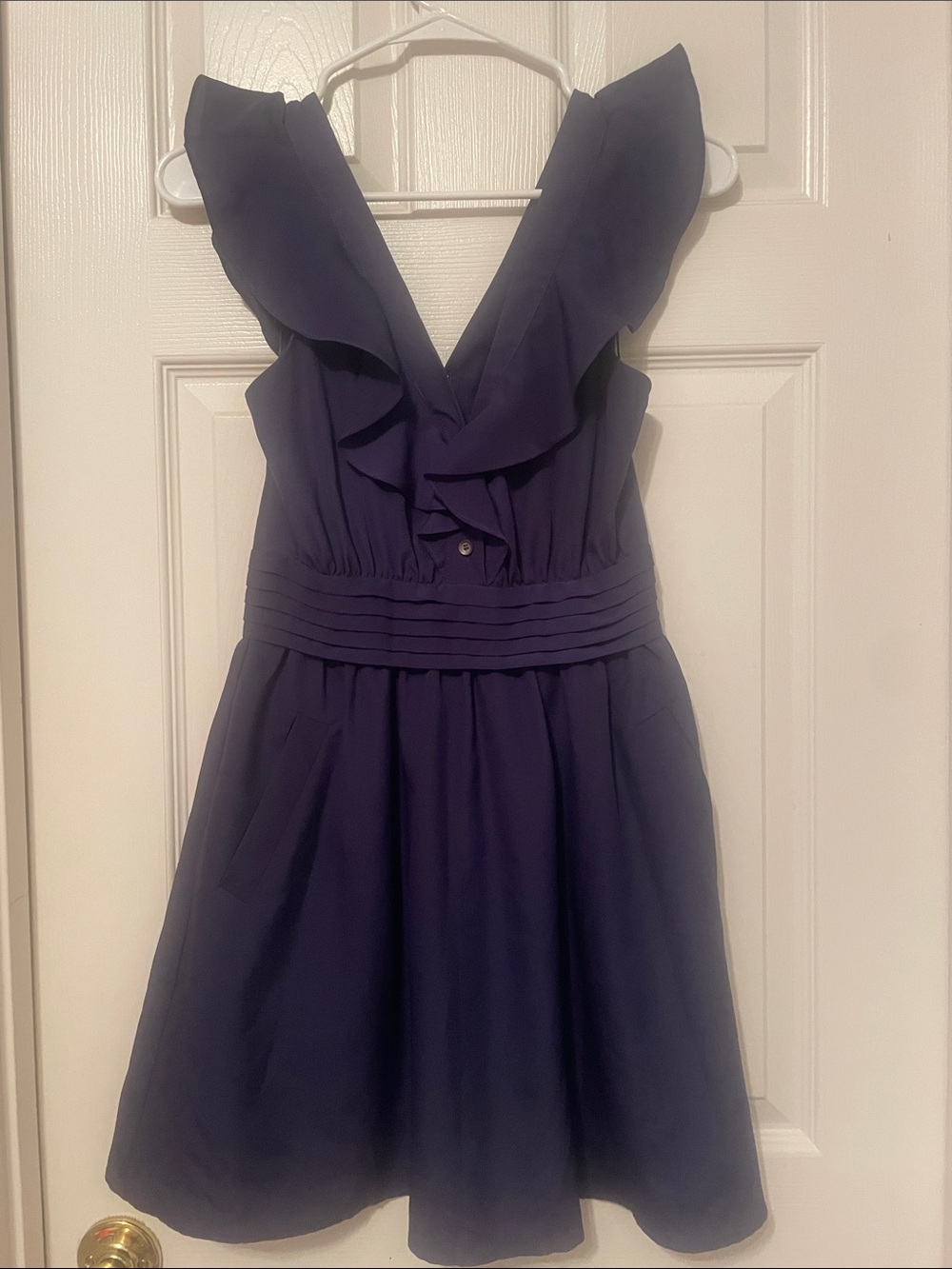 BCBGeneration Navy Ruffle V-Neck Midi Dress